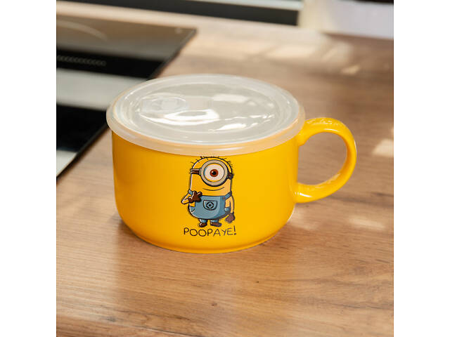 Кружка керамічна з пластиковою кришкою, 900 мл, для супу та локшини Minions - Фото 5