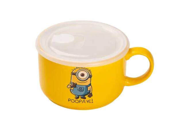 Кружка керамічна з пластиковою кришкою, 900 мл, для супу та локшини Minions - Фото 1