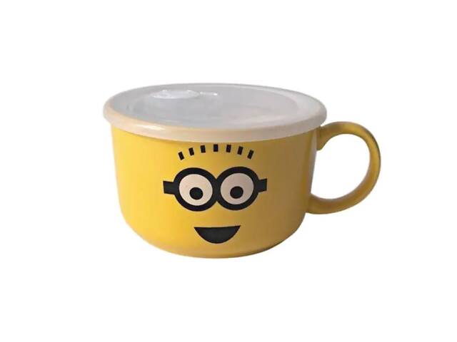 Кружка керамічна з пластиковою кришкою, 900 мл, для супу та локшини Minions - Фото 1