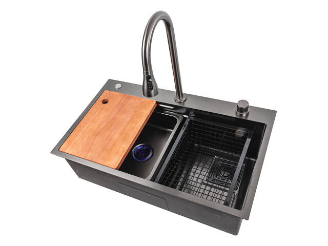 Кухонна мийка 75*45A PVD чорна Handmade 'Водоспад' - Фото 2