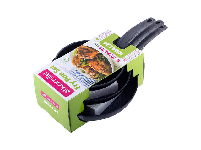 Кухонный набор сковородок из алюминия с антипригарным покрытием черный мрамор 20см 24см 28см KL225740 Kamille - Фото 1