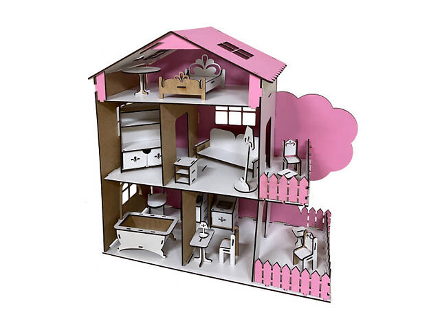 Ляльковий будиночок дерев'яний 3-поверховий з меблями Tree house рожевий AM-1.02 - Фото 1