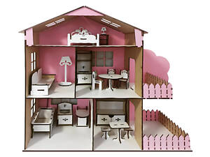 Ляльковий будиночок дерев'яний 3-поверховий з меблями Tree house рожевий AM-1.02