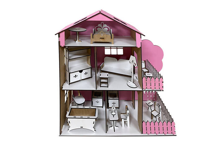Ляльковий будиночок дерев'яний 3-поверховий з меблями Tree house рожевий AM-1.02 - Фото 3