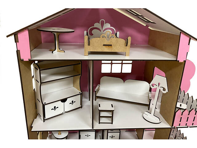 Ляльковий будиночок дерев'яний 3-поверховий з меблями Tree house рожевий AM-1.02 - Фото 4