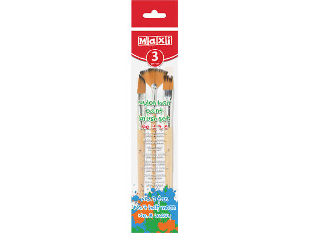 Пензлик для малювання Maxi набір ворс нейлон (№3 віялова, 7 півмісяцем, 8 хвиляста) (MX60830) - Фото 1