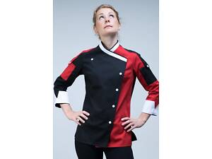 Кітель шеф-кухаря жіночий з сіткою на спині Тулуза котон чорний/червоний р.68 (42-76) рукав 3/4 - спецодяг кухаря