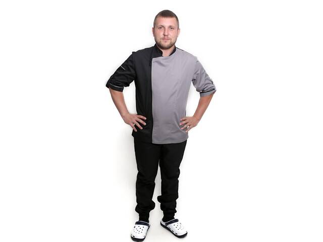 Китель шеф повара на молнии сетка на спине Косуха котон серый/черный р.48 (44-74) рукав три чверти - спецодежда повара - Фото 3