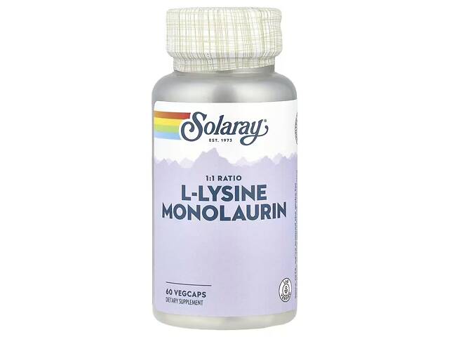 L-лізин та Монолаурин Solaray L-Lysine Monolaurin у співвідношенні 1:1, 60 вегетаріанських капсул. - Фото 1