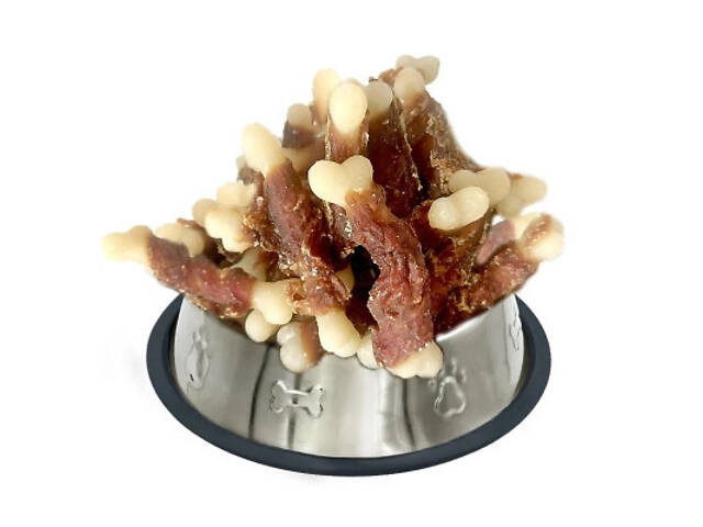 Ласощі для собак Lucky Star Кальцієва кістка в обгортці з в'яленого м'яса качки 6.5 см 85 г (4820111434206) - Фото 1