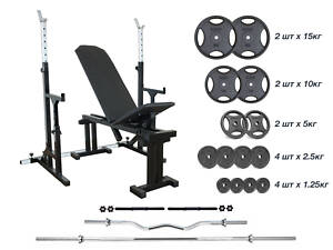 Лавка 090 + Стійки зі страхувальними упорами UM 0150 Штанга + металева 83 кг, гриф W, гантелі RN-Sport