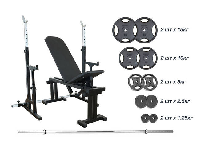 Лавка 090 + Стійки зі страхувальними упорами UM 0150 + штанга з металевими дисками 75 кг RN-Sport - Фото 1
