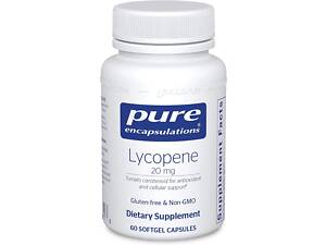 Ликопин, Lycopene, Pure Encapsulations, поддержка предстательной железы, клеток и желтого пятна, 20 мг, 60