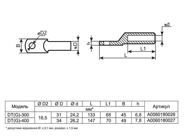 Луджений наконечник 300кв.мм. М16,5 гільза: 68мм (1шт) [A0060180026] DТ(G)-300 АСКО - Фото 3