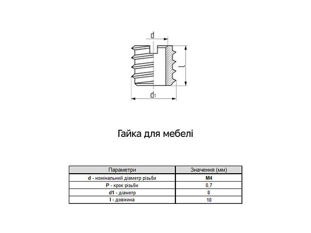М4 8х10 сталь крок 0,7 під біту SL5.5 гайка врізна меблева цинк білий (50 шт.) [3ME2000003ME401020] Metalvis - Фото 2