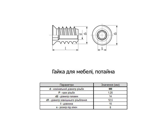 М8 14х15 сталь крок 1,25 під біту HX8 гайка врізна меблева, потайна цинк жовтий (50 шт.) [3ME2000003ME801521] Metalvi - Фото 2