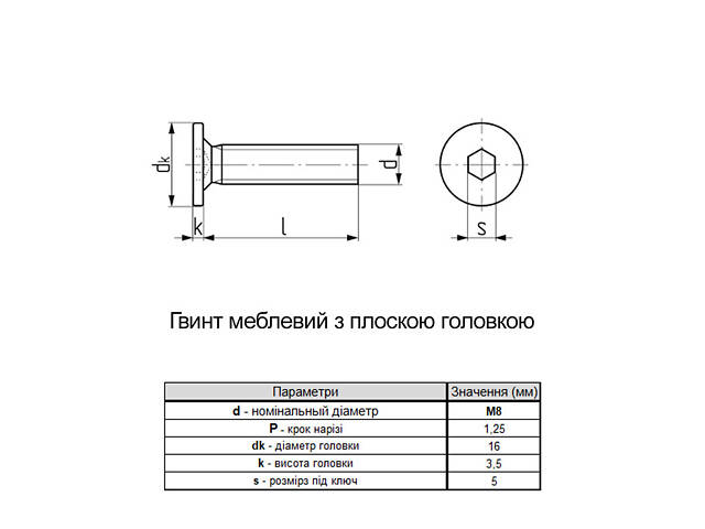 М8х25 Ø16мм 4.8 гвинт меблевий цинк білий повна різьба крок 1,25 (200шт.) [3N53400003N5802500] плоска HX5 Metalvis - Фото 2