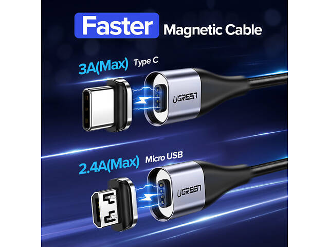 Магнитный кабель Micro USB Ugreen для зарядки и передачи данных 1 м Черный (60207+60209d2) - Фото 3