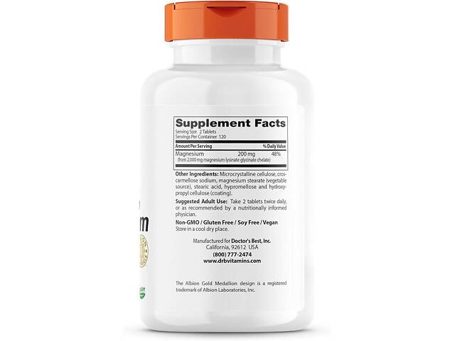 Магній хелат Doctor's Best High Absorption Magnesium 100% Chelated 100 mg 240 Tablets - Фото 2