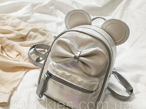 Маленький дитячий рюкзак Мікі Маус із вушками та бантиком, мінірюкзачок для дівчаток блискучий із вухами Сріблястий