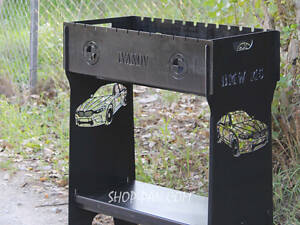 Мангал розбірний високий на 12 шампурів із підставкою для дров і гравіюванням — bmw