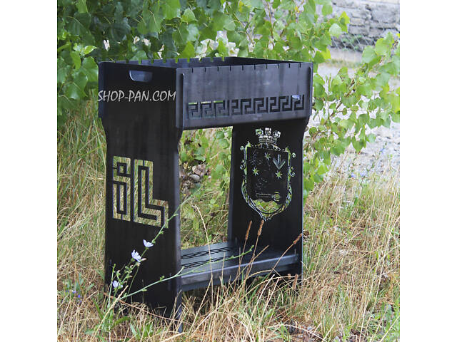 Мангал розбірний високий на 10 шампурів із підставкою для дров та індивідуальним гравіюванням — Герб - Фото 1