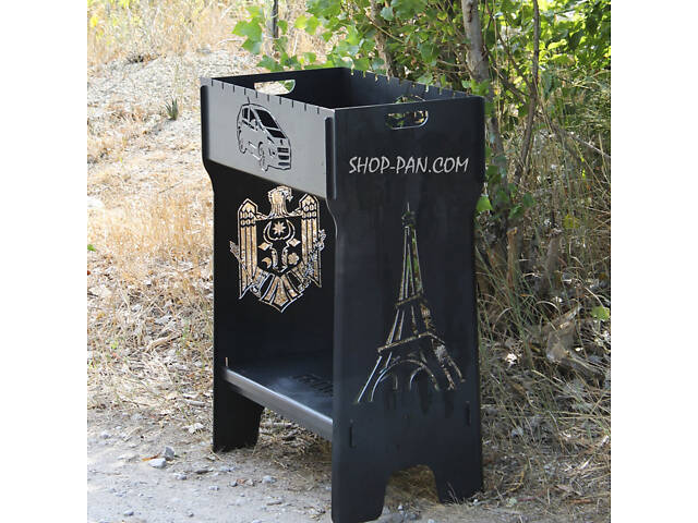 Мангал розбірний високий на 10 шампурів із підставкою для дров та індивідуальним гравіюванням — нейфелева вежа - Фото 1