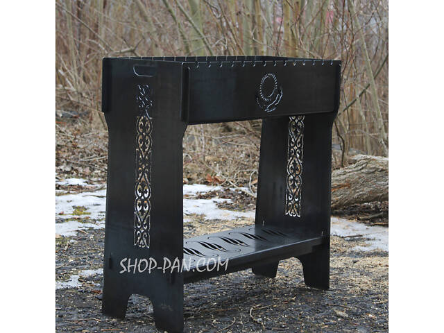 Мангал розбірний високий на 14 шампурів із підставкою для дров та індивідуальним гравіюванням — Казахстан - Фото 1