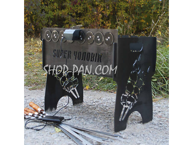 Мангал із вбудованою шашличницею та мотором на 10 шт. з гравіюванням — Україна! - Фото 1