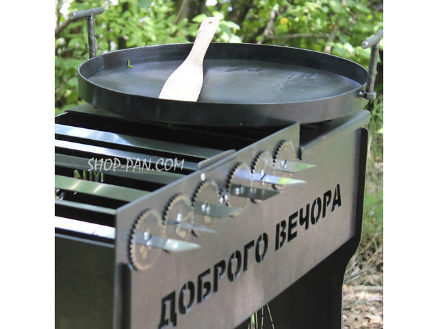 Мангальний комплекс: Мангал розбірний високий із вбудованою шашличницею на 8 шт + Сковорода 40 см із кришкою - Фото 3