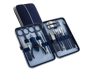 Маникюрно-педикюрный набор RESTEQ с инструментами по уходу за лицом — 18 предметов в стильном синем футляре