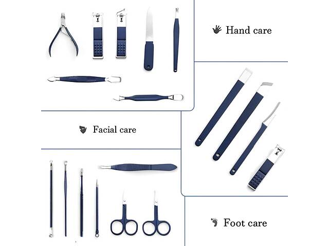 Манікюрно-педикюрний набір RESTEQ з інструментами для догляду за обличчям — 18 предметів у стильному синьому футлярі - Фото 3