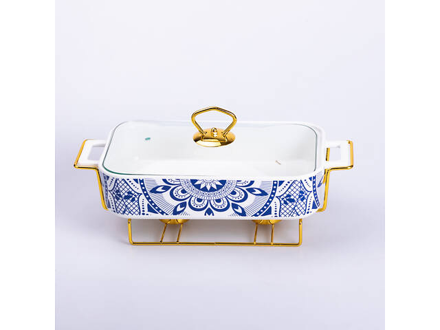 Мармит керамический со стеклянной крышкой 32х17х15 см на металлической подставке 1.5 л SA1107-M - Фото 1