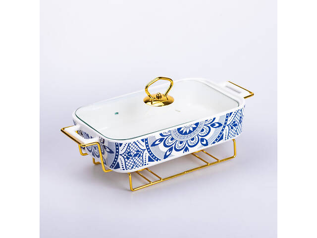 Мармит керамический со стеклянной крышкой 32х17х15 см на металлической подставке 1.5 л SA1107-M - Фото 2