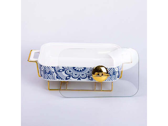 Мармит керамический со стеклянной крышкой 32х17х15 см на металлической подставке 1.5 л SA1107-M - Фото 3