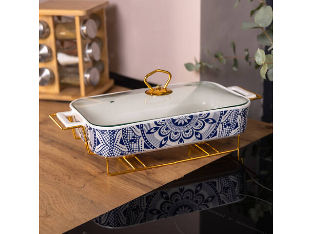 Мармит керамический со стеклянной крышкой 32х17х15 см на металлической подставке 1.5 л SA1107-M - Фото 5