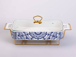 Мармит керамический со стеклянной крышкой 38х18.5х15.5 см на металлической подставке 1.5 л SA1107-B