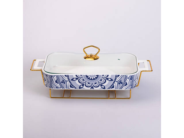 Мармит керамический со стеклянной крышкой 38х18.5х15.5 см на металлической подставке 1.5 л SA1107-B - Фото 1