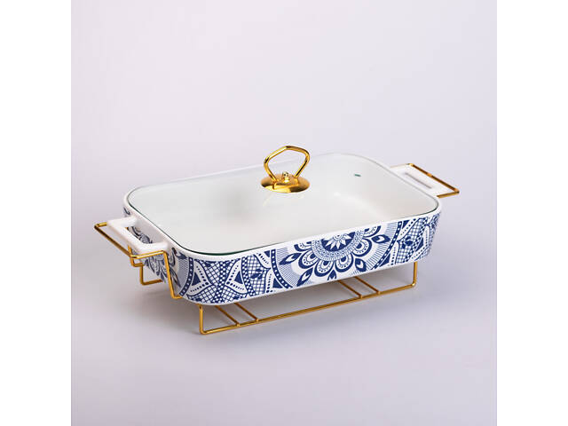 Мармит керамический со стеклянной крышкой 38х18.5х15.5 см на металлической подставке 1.5 л SA1107-B - Фото 2