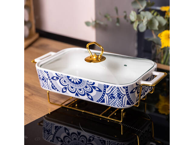 Мармит керамический со стеклянной крышкой 38х18.5х15.5 см на металлической подставке 1.5 л SA1107-B - Фото 5