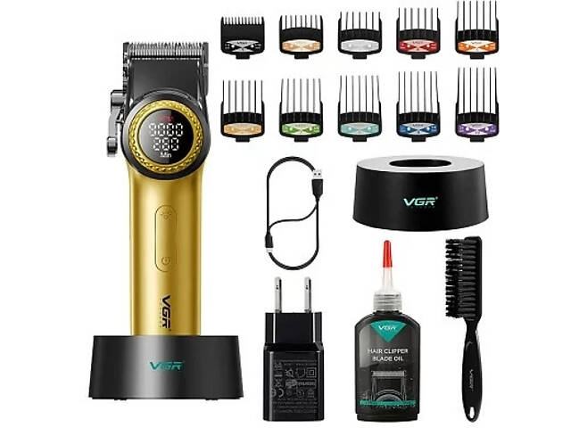 Машинка для стрижки VGR V-001 GGB (10 насадок) 4600 mAh LED дисплей Золотистий - Фото 1
