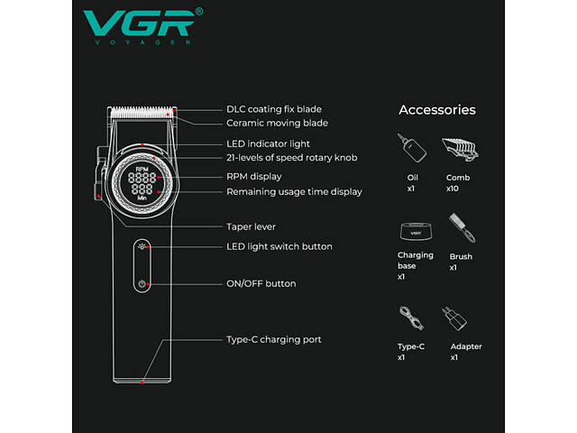 Машинка для стрижки VGR V-001 GGB (10 насадок) 4600 mAh LED дисплей Золотистий - Фото 3