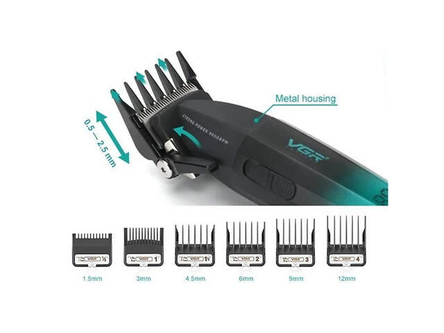 Машинка для стрижки волосся акумуляторна Professional Turbo з різними насадками VGR V-003. Колір: зелений - Фото 5