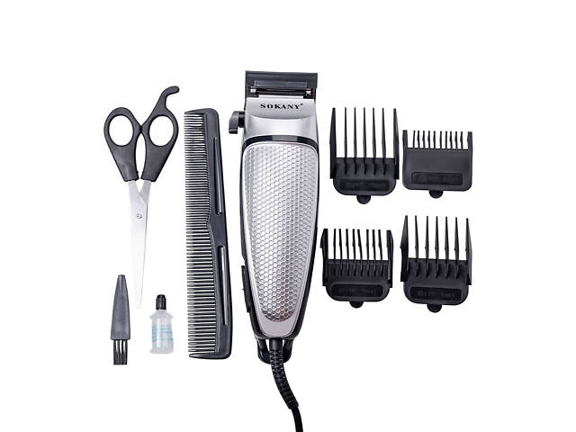 Машинка для стрижки волос Sokany SK-4643 электрическая универсальная 4 насадки Серебристая - Фото 6