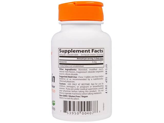 Мелатонин 5 мг Doctor's Best мятный вкус 120 жевательных таблеток (DRB00407) - Фото 2