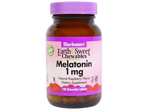 Мелатонін, Melatonin, 1 мг, Bluebonnet Nutrition, EarthSweet, Малиновий Смак, 120 жувальних таблеток