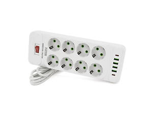 Мережевий фільтр F34U, 8 розеток EU + 4 USB + 2 PD, кнопка включення з індикатором, 2 м, 3х0,75 мм, 2500W,