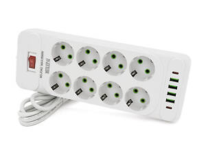 Мережевий фільтр F34U, 8 розеток EU + 4 USB + 2 PD, кнопка включення з індикатором, 2 м, 3х0,75 мм, 2500W,