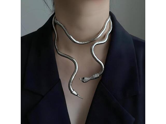 Металеве намисто Змія RESTEQ срібного кольору. Браслет на Змія руку. Прикраса еластична змія - Фото 1