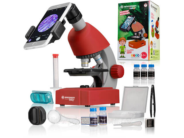 Мікроскоп Bresser Junior 40x-640x Red з набором та адаптером для смартфона (8851300E8G000), оригінал! - Фото 1